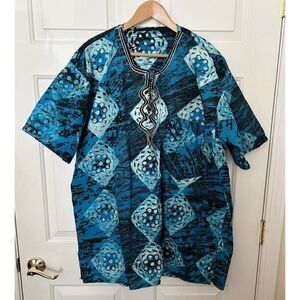 African Unisex Dashiki Shirt Blue Black & White